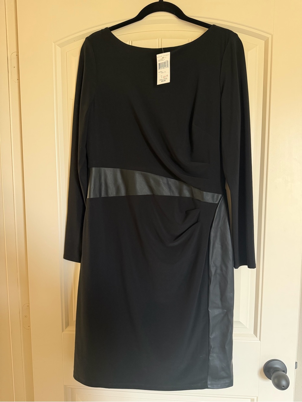 Ralph Lauren Black Long-Sleeve Sheath Dress with Faux-Leather Trim